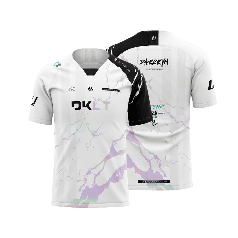 DKLT Designs V2 Late 2025 E-sports jersey mock-up. White design with black shoulders and a stylized colorful splash art.