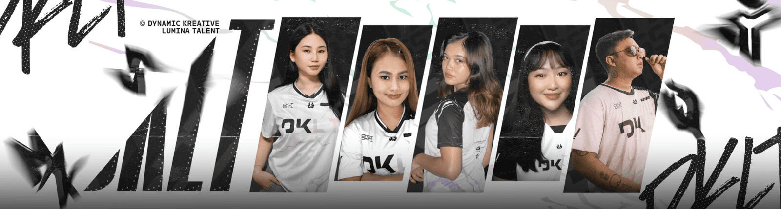 DKLT Designs E-sports Team Roster Graphic DKLT Designs E-sports team banner featuring five diverse players in white and pink jerseys. Keywords: E-sports team, gaming, player roster, Twitch, professional.