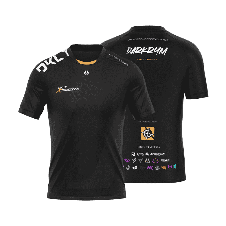 DKLT Designs V1 Early 2025 E-sports jersey mock-up. Black front and back design with gold and white accents and partner logos.