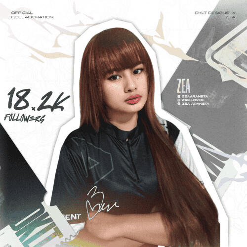 DKLT Designs Content Creator ZEA (18.2K followers) posing for a promotional photo in a black and white shirt.