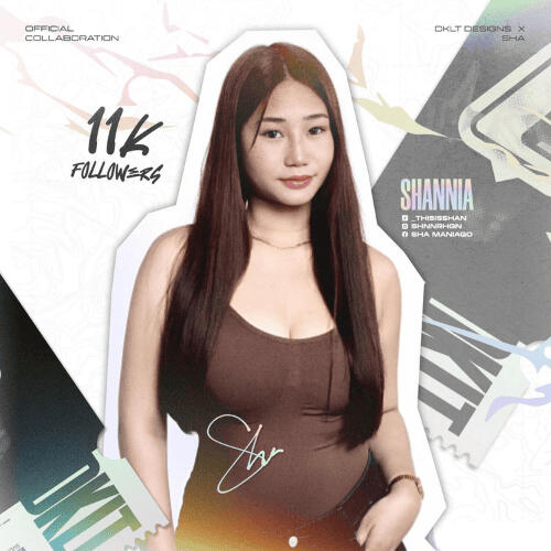 DKLT Designs Content Creator SHA (11K followers) posing for a promotional photo with her signature.