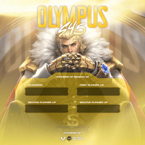 Esports graphic for 'OLYMPUS' featuring a powerful figure with a golden mane and cape, set against a gold and white background. The graphic includes a tournament bracket and is credited to Mizi.