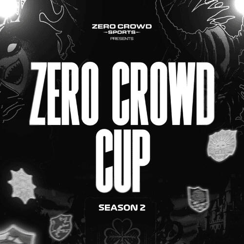 Dark esports graphic for 'ZERO CROWD CUP SEASON 2' with bold white text on a black, textured background. The graphic features shadowy figures in the corners and is credited to Kyomi.