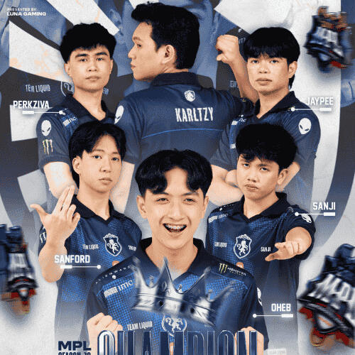 Team photo of six male esports players wearing blue and white jerseys, looking at the camera with confident expressions. The image is a graphic credited to Sam.