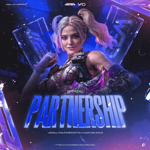 Esports partnership graphic titled 'VEGA RECRUITMENT' showing a female esports figure in the center with intense blue neon and cyber-punk overlay, dark background, and textured lighting.