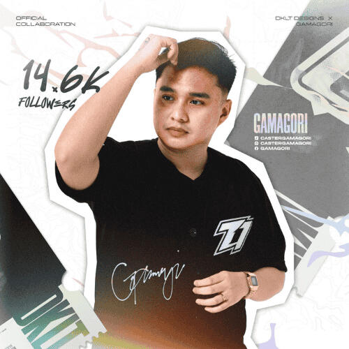 DKLT Designs Content Creator GAMA (14.6K followers) posing for a promotional photo in a black jersey.